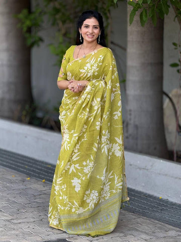 Lime Green Floral Printed Cotton Linen Saree – Elegant Daily Wear | TheFenLuxe