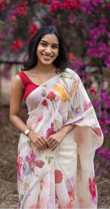 Women's Digital Floral Print Original Plain Linen Casual Saree With Blouse Piece