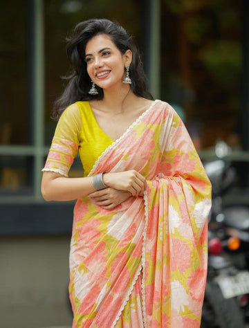 Women's Digital Floral Print With fancy Lace Border Original Soft Premium Linen Casual Saree With Blouse Pieceuct